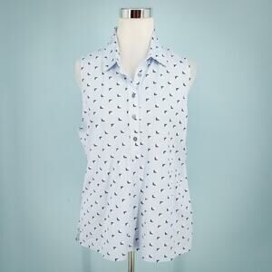 Tory Burch Sport Size XL Blue Print Polo Collared Button Sleeveless Cotton Top